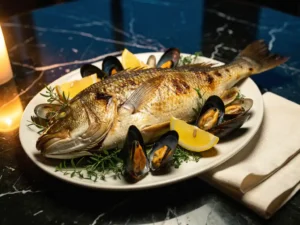 Geroosterde hele vis met knapperig goudbruin vel, verse kruiden, citroenpartjes en schelpdieren op wit keramisch bord.