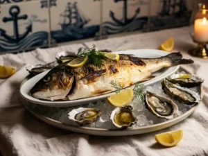Geroosterde hele vis op wit keramisch bord, omringd door verse oesters op crushed ice, citroenpartjes en dille in Amsterdams brasserie.