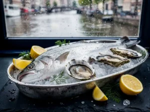 Verse Hollandse tong en oesters op crushed ice met dille en citroen, zilver schaal op leisteen bij een regenachtig Amsterdams grachtraam.