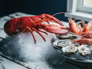 Gekookte kreeft met scharlakenrode schaal op crushed ice, omringd door oesters, langoustines en gamba's op marmeren ondergrond.