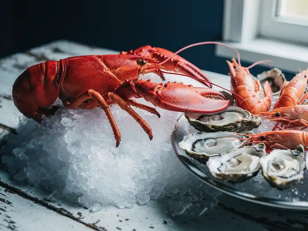 Gekookte kreeft met scharlakenrode schaal op crushed ice, omringd door oesters, langoustines en gamba's op marmeren ondergrond.