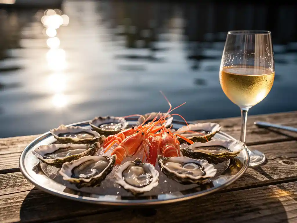 Vers plateau met oesters en langoustines op een zonnig waterterras, kanaal en glas witte wijn op de achtergrond.