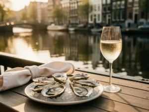 Terrastafeltje aan Amsterdamse gracht met verse oesters op crushed ice, gekoeld witglas en linnen servet in warm middagzonlicht.