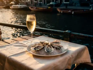 Kaarslicht terras met verse oesters en gekoeld witglas aan een Amsterdams gracht tijdens het gouden uur.