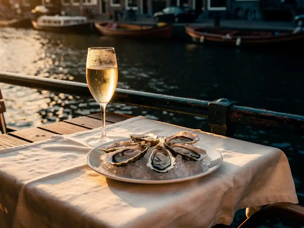 Kaarslicht terras met verse oesters en gekoeld witglas aan een Amsterdams gracht tijdens het gouden uur.