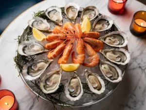Plateau de fruits de mer met oesters, langoustines, garnalen en krabscharen op crushed ice, gegarneerd met zeewier en citroen.