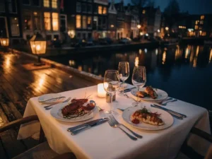 Kaarslicht diner aan het Amsterdamse water met kreeft, wijnglazen en historische grachtenpanden weerspiegeld in donker water.