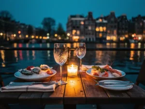 Romantisch diner voor twee op een kaarsverlicht terras aan de Amsterdamse gracht, met oesters, wijnglazen en historische grachtenpanden in het avondlicht.