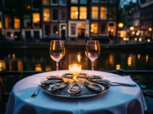 Romantisch gedekte tafel voor twee op een kaarsverlicht terras aan een Amsterdamse gracht, met verse oesters en wijnglazen bij schemerlicht.