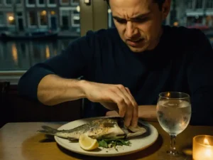 Teleurgestelde restaurantgast schuift onaantrekkelijk visgerecht weg, verwelkte citroen en troebel glas zichtbaar, Amsterdam op achtergrond.