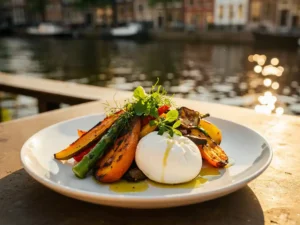 Vegetarisch bord met geroosterde groenten, verse kruiden en burrata op een zonnig terras aan een Amsterdamse gracht.