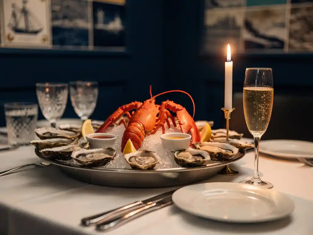 Verse oesters en kreeft op crushed ice met brandende kaars en champagneglas bij een verjaardagsdiner in een sfeervol zeevruchttenrestaurant.