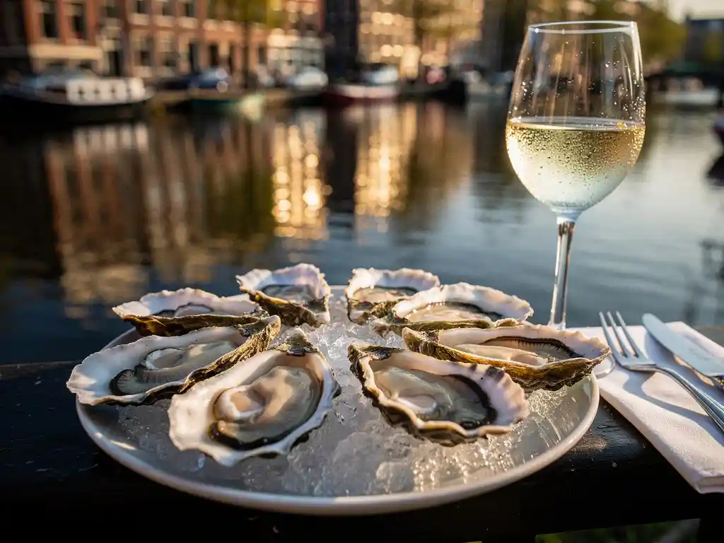 Verse oesters op crushed ice met een glas witte wijn op een zonnig terras aan een Amsterdams kanaal.