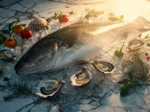 Verse tarbot en glanzende oesters op crushed ice met seizoensgroenten en kruiden op marmeren ondergrond.