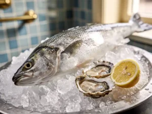 Verse zeebaars op crushed ice met oesters en citroen in een Amsterdamse brasserie met blauw-witte betegelde wanden.