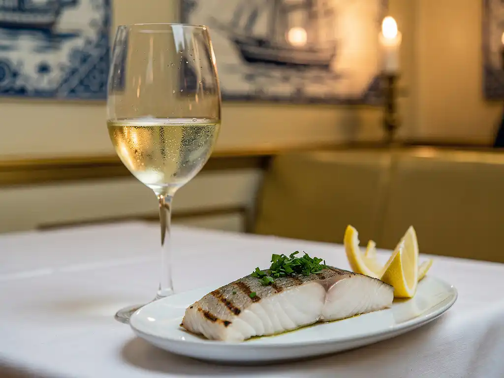 Gekoeld glas witte wijn naast een gekruid visfilet met citroen op wit linnen in een Amsterdams brasserie met maritiem decor.