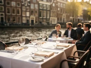 Zakenlunch op zonnig Amsterdams terras aan het water met witte linnen tafels, wijnglazen en historische grachtenpanden op de achtergrond.