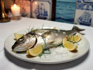 Hele zeebaars op wit keramisch bord met citroenschijfjes, zeekruiden en zeezout in een Amsterdamse brasserie.