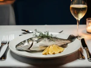 Hele zeebaars op wit keramisch bord met verse kruiden en citroenschijfjes, geserveerd in sfeervol restaurant met kaarslicht.