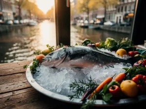 Glanzende hele zeebaars op crushed ice met seizoensgroenten en verse kruiden, rustieke houten tafel bij Amsterdams kanaallicht.