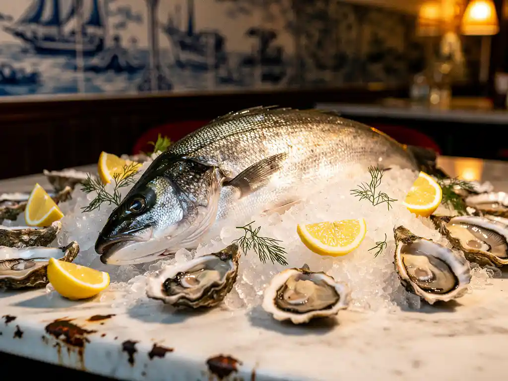 Hele zeebaars op crushed ice met oesters, citroenpartjes en dille in een Amsterdamse brasserie.