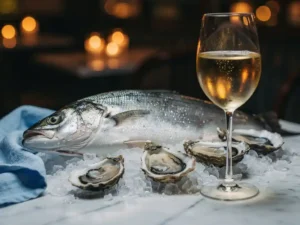 Glanzende hele zeebaars en verse oesters op crushed ice met een glas witte wijn, geserveerd op wit marmer in een sfeervolle brasserie.