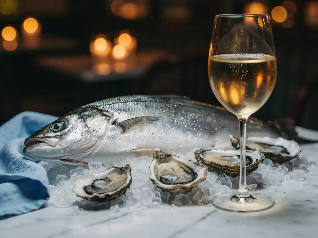 Glanzende hele zeebaars en verse oesters op crushed ice met een glas witte wijn, geserveerd op wit marmer in een sfeervolle brasserie.