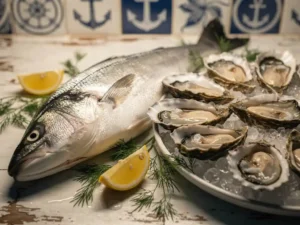 Verse zeebaars en oesters op crushed ice met citroenpartjes en dille op verweerd marmer, maritieme tegels op de achtergrond.