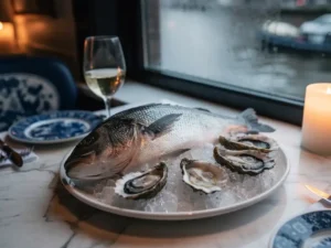 Hele zeebaars en verse oesters op crushed ice met een glas witte wijn op een marmeren restauranttafel in Amsterdam.
