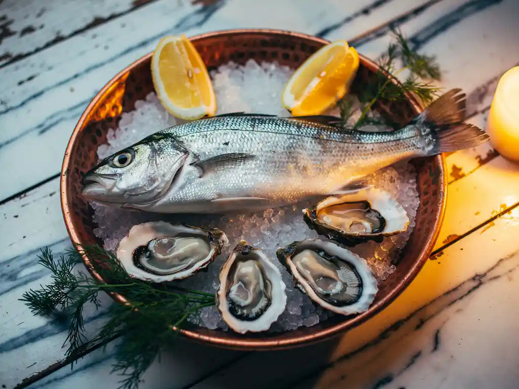 Hele zeebaars en verse oesters op crushed ice in koperen schaal, omringd door citroen en dille, verlicht door kaarslicht.