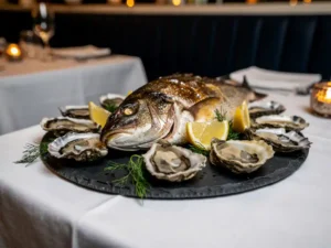 Glanzende hele zeebaars op leisteen bord met verse oesters, citroenpartjes en dille in een elegante Amsterdamse brasserie.