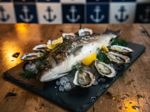 Glanzende hele zeebaars op leisteen, omringd door verse oesters op crushed ice, citroenpartjes en dilletakjes in maritiem restaurant.
