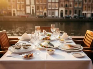 Zeevruchten diner met verse oesters en visgerechten op wit linnen, Amsterdams terras met grachtenhuizen en kanaalreflecties op de achtergrond.