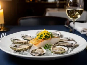 Gegrild visfilet met verse kruiden en citroenrasp, omringd door oesters op crushed ice en een glas witte wijn bij kaarslicht in een brasserie.