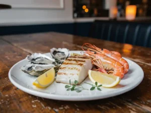 Vers zeebrassem gerecht met oesters, gegrilde visfilet en langoustines op wit keramiek, citroen en kruiden, in Amsterdams brasserie-interieur.