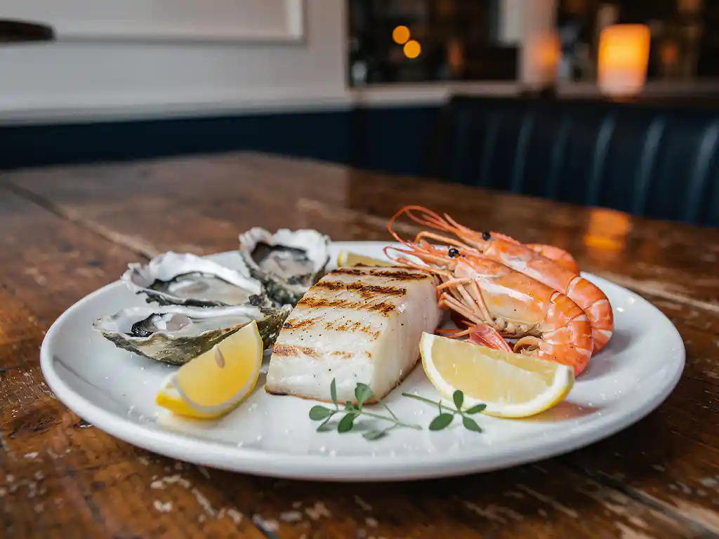 Vers zeebrassem gerecht met oesters, gegrilde visfilet en langoustines op wit keramiek, citroen en kruiden, in Amsterdams brasserie-interieur.